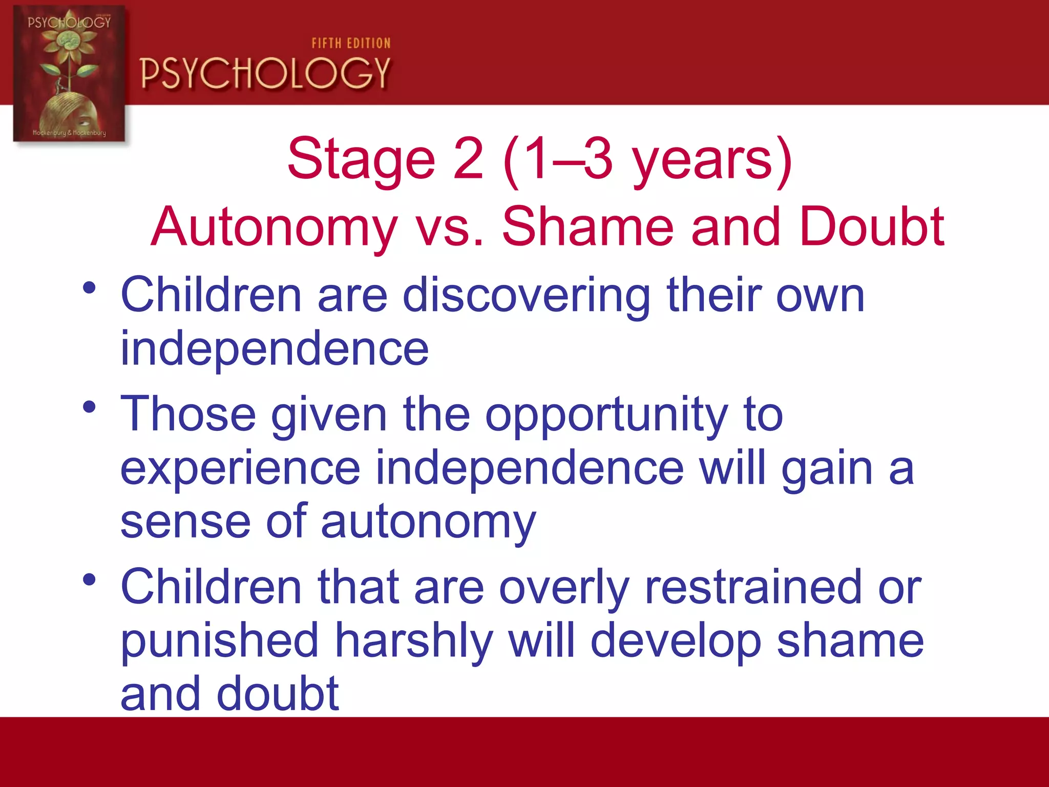 Stage 2 (1–3 years)
Autonomy vs. Shame and Doubt
• Children are discovering their own
independence
• Those given the opportunity to
experience independence will gain a
sense of autonomy
• Children that are overly restrained or
punished harshly will develop shame
and doubt
 