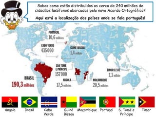 Angola Brasil Cabo Guiné Moçambique Portugal S. Tomé e Timor
Verde Bissau Príncipe
Sabes como estão distribuídos os cerca de 240 milhões de
cidadãos lusófonos abarcados pelo novo Acordo Ortográfico?
Aqui está a localização dos países onde se fala português!
 
