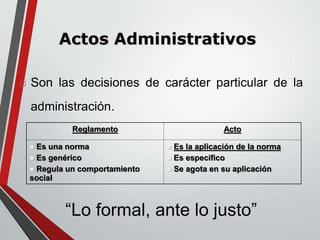 Actos Administrativos 
 Son las decisiones de carácter particular de la 
administración. 
Reglamento Acto 
 Es una norma 
 Es genérico 
 Regula un comportamiento 
social 
 Es la aplicación de la norma 
 Es especifico 
 Se agota en su aplicación 
“Lo formal, ante lo justo” 
 