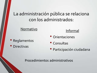 La administración pública se relaciona 
con los administrados: 
Normativo 
• Reglamentos 
• Directivas 
Informal 
• Orientaciones 
• Consultas 
• Participación ciudadana 
Procedimientos administrativos 
 