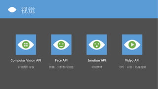 Computer Vision API
识别图片内容
Video API
分析、识别、处理视频
Face API
侦测、分析相片信息
Emotion API
识别情绪
视觉
 