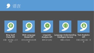 Speech
Bing Spell
Check API
侦测、更正输入文字
内容
Language Understanding
Intelligent Service
理解人类语言
Web Language
Model API
使用互联网的语言模
型
Linguistic
Analysis API
解析语句结构
Text Analytics
API
侦测文章的主题、语
意
语言
 