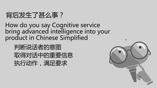 背后发生了甚么事？
How do you say Cognitive service
bring advanced intelligence into your
product in Chinese Simplified
判断说话者的意图
取得对话中的重要信息
执行动作，满足要求
 