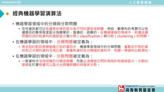人 工 智 慧 導 論
經典機器學習演算法
• 機器學習領域中的分類與分群問題
• 任何資訊都可以依據某些準則區分為不同的類型或群體，例如，數學科的考題可以依
據題目的難易程度區分為簡單的、普通的、困難的。在機器學習的領域中，則會依據
問題的目的和資料的細節區分為分類（classification）與分群（clustering）的問題。
• 在機器學習的領域中，分類問題被定義為：
• 將未知的新訊息歸納進已知的資訊中，機器學習領域中的分類問題，重點在於新的資
料和已分類的資料互相比較，看看新資料在分類過的資料中，和哪一類資料比較類似。
• 在機器學習的領域中，分群問題被定義為：
• 一群資料中沒有明確的分類或群體，而是必須透過它們所具有的特徵做區分。分群的
基礎在於要根據可以區分出兩種群體的特徵來分群。
 