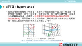 人 工 智 慧 導 論
超平面（hyperplane）
• 如果只考慮兩個欄位（特徵），則線性分類器是位在平面上的一條直線。如
果考慮三個欄位，就有三個特徵，則會建立起一個三維的立體空間，那麼線
性分類器就會變成一個平面，這個平面在機器學習領域中稱為超平面
(hyperplane)。超平面在 n 維空間中是 n-1 維的子空間，如圖 1-15 的範例
圖。特徵的數目與特徵的表現方法如表 1-2 所示。
 