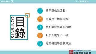 1
2
3
4
5
機密檔案請勿外洩@2019
人 工 智 慧 導 論
目
錄
CONTENTS 把問題化為函數
函數是一個解答本
用AI解決問題的步驟
AI和人還是不一樣
經典機器學習演算法
 