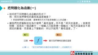 人 工 智 慧 導 論
把問題化為函數(一)
• 如何把下列問題化成函數的形式 ?
例：明天我們學校的最低氣溫是幾度？
• 把這個問題化成函數，最簡單的方式可能是像圖 1-1 的函數。
• 讓我們先把重點放在為什麼問「最低溫度」而不是「明天的溫度」。答案很
明顯，因為在一個函數中，一個輸入只能對應一個輸出。每天的溫度並不是
固定的數值，而是會上下變動的，所以只能問「最低溫度」了。
 