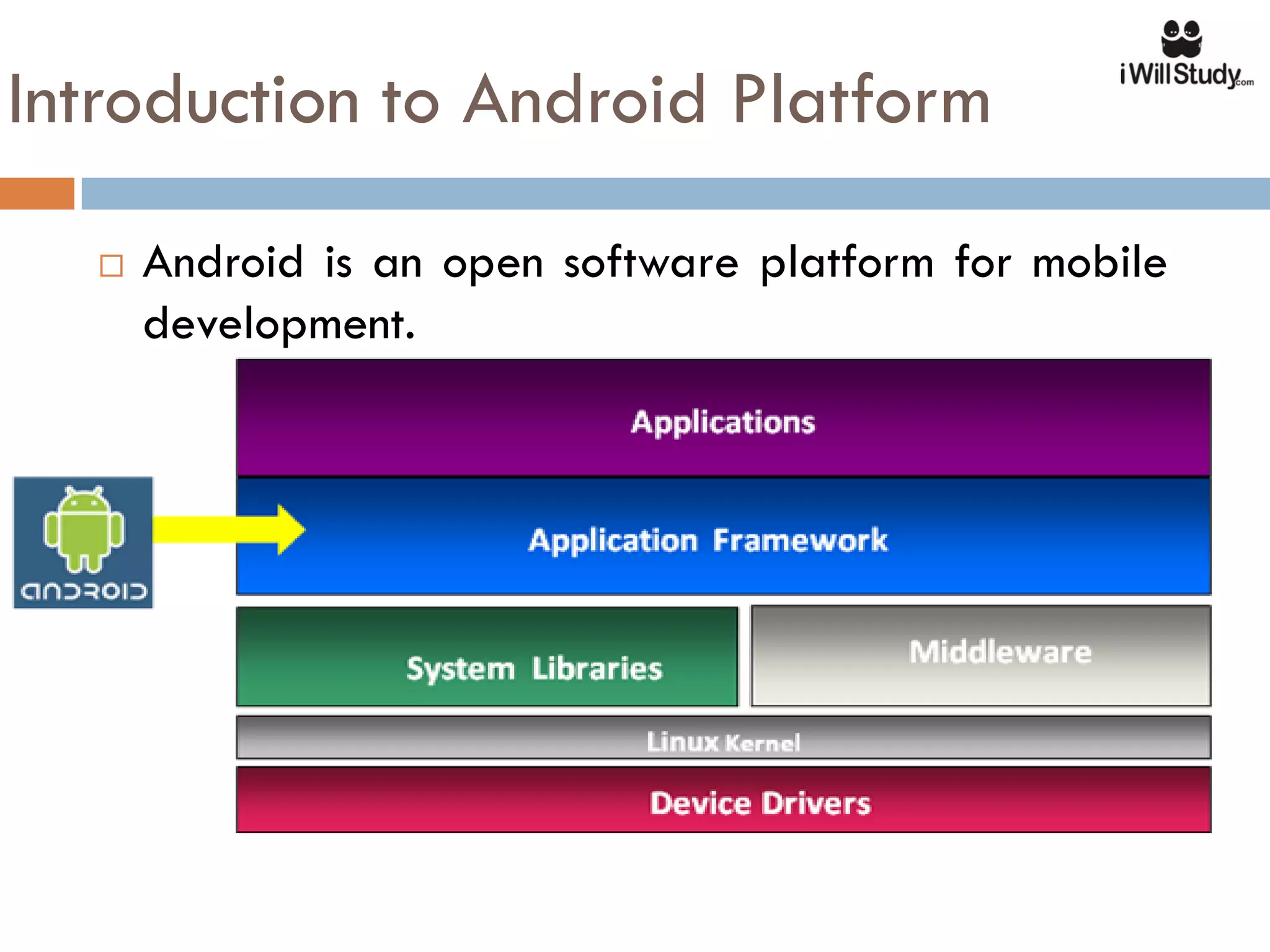 Introduction to Android Platform
     Android is an open software platform for mobile
      development.
 
