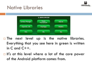 Native Libraries




 The next level up is the native libraries.
  Everything that you see here in green is written
  in C and C++.
 It's at this level where a lot of the core power

  of the Android platform comes from.
 