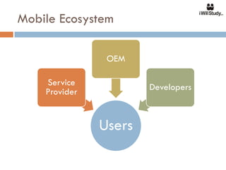 Mobile Ecosystem

                OEM

    Service            Developers
    Provider


               Users
 