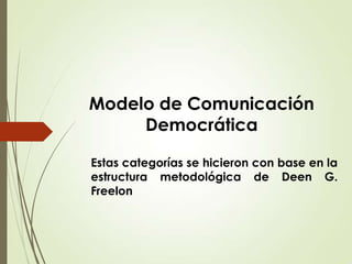Modelo de Comunicación
Democrática
Estas categorías se hicieron con base en la
estructura metodológica de Deen G.
Freelon
 