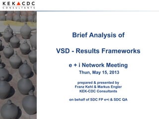 Brief Analysis of
VSD - Results Frameworks
e + i Network Meeting
Thun, May 15, 2013
prepared & presented by
Franz Kehl & Markus Engler
KEK-CDC Consultants
on behalf of SDC FP e+i & SDC QA
 