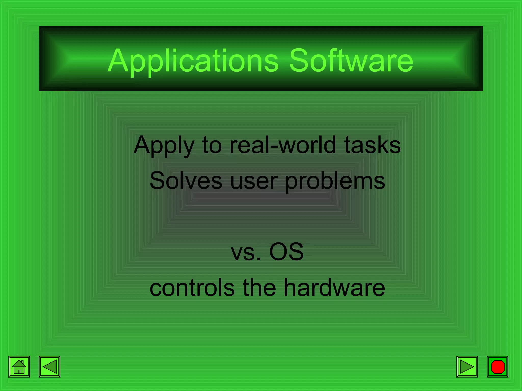 Applications Software
Apply to real-world tasks
Solves user problems
vs. OS
controls the hardware

 
