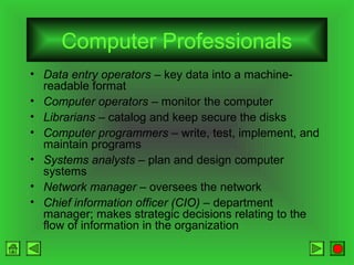 Computer Professionals
• Data entry operators – key data into a machinereadable format
• Computer operators – monitor the computer
• Librarians – catalog and keep secure the disks
• Computer programmers – write, test, implement, and
maintain programs
• Systems analysts – plan and design computer
systems
• Network manager – oversees the network
• Chief information officer (CIO) – department
manager; makes strategic decisions relating to the
flow of information in the organization

 