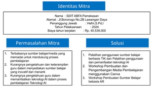 Nama : SDIT ABFA Pamekasan
Alamat : Jl.Bonorogo No.2B Lawangan Daya
Penanggung Jawab : Hefni,S.Pd,I
Tahun Pelaksanaan : 2024
Biaya tahun berjalan : Rp. 40.539.000
Identitas Mitra
Permasalahan Mitra
1. Terbatasnya sumber belajar/media yang
memadai untuk mendukung proses
pembelajaran
2. Kurangnya pengetahuan dan keterampilan
guru dalam menyediakan sumber belajar
yang inovatif dan menarik
3. Kurangnya pengetahuan guru dalam
memanfaatkan teknologi AI dalam proses
pembelajaran Teknologi AI
Solusi
1. Pelatihan penggunaan sumber belajar
berbasis TIK dan Pelatihan penggunaan
dan pemanfaatan teknologi AI
2. Workshop Pembuatan dan
Pengembangan Media Pembelajaran
menggunakan Canva
3. Workshop Pembuatan Sumber Belajar
bebasis AR
 