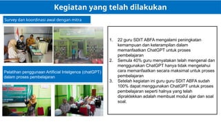 Kegiatan yang telah dilakukan
MEKANISME SUMBER TREMOR
VULKANIK IJEN
Dimensi Fraktal
Pergerakan
Partikel
Distribusi Durasi
mplitudo
Frekuensi
Survey dan koordinasi awal dengan mitra
Pelatihan penggunaan Artificial Intelgence (chatGPT)
dalam proses pembelajaran
1. 22 guru SDIT ABFA mengalami peningkatan
kemampuan dan keterampilan dalam
memanfaatkan ChatGPT untuk proses
pembelajaran
2. Semula 40% guru menyatakan telah mengenal dan
menggunakan ChatGPT hanya tidak mengetahui
cara memanfaatkan secara maksimal untuk proses
pembelajaran
3. Setelah kegiatan ini guru guru SDIT ABFA sudah
100% dapat menggunakan ChatGPT untuk proses
pembelajaran seperti halnya yang telah
dipraktekkan adalah membuat modul ajar dan soal
soal.
 