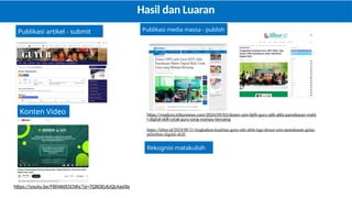 Hasil dan Luaran
Publikasi artikel - submit Publikasi media massa - publish
Konten Video https://madura.tribunnews.com/2024/09/03/dosen-uim-latih-guru-sdit-abfa-pamekasan-mahi
r-digital-skill-cetak-guru-yang-mampu-bersaing
https://lebur.id/2024/08/31/tingkatkan-kualitas-guru-sdit-abfa-tiga-dosen-uim-pamekasan-gelar-
pelatihan-digital-skill/
https://youtu.be/FBhWdS5CNhc?si=7QXOELKzQL4ay0Ix
Rekognisi matakuliah
 