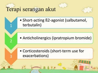 Terapi serangan akut
1
• Short-acting ß2-agonist (salbutamol,
terbutalin)
2
• Anticholinergics (ipratropium bromide)
3
• Corticosteroids (short-term use for
exacerbations)
 