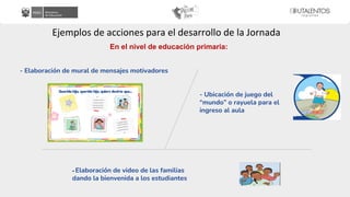 Ejemplos de acciones para el desarrollo de la Jornada
En el nivel de educación primaria:
- Elaboración de mural de mensajes motivadores
- Ubicación de juego del
“mundo” o rayuela para el
ingreso al aula
- Elaboración de video de las familias
dando la bienvenida a los estudiantes
 