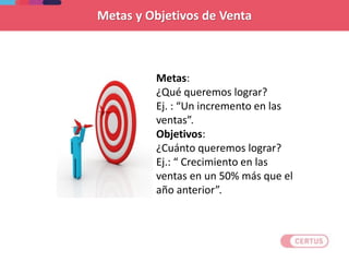 Metas:
¿Qué queremos lograr?
Ej. : “Un incremento en las
ventas”.
Objetivos:
¿Cuánto queremos lograr?
Ej.: “ Crecimiento en las
ventas en un 50% más que el
año anterior”.
Metas y Objetivos de Venta
 