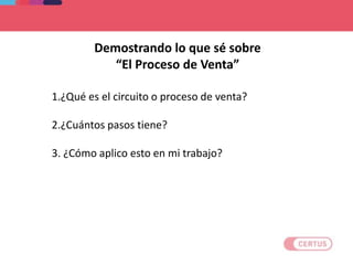 1.¿Qué es el circuito o proceso de venta?
2.¿Cuántos pasos tiene?
3. ¿Cómo aplico esto en mi trabajo?
Demostrando lo que sé sobre
“El Proceso de Venta”
 