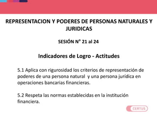 REPRESENTACION Y PODERES DE PERSONAS NATURALES Y
JURIDICAS
Indicadores de Logro - Actitudes
5.1 Aplica con rigurosidad los criterios de representación de
poderes de una persona natural y una persona jurídica en
operaciones bancarias financieras.
5.2 Respeta las normas establecidas en la institución
financiera.
SESIÓN N° 21 al 24
 