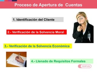 Proceso de Apertura de Cuentas
1. Identificación del Cliente
2.- Verificación de la Solvencia Moral
3.- Verificación de la Solvencia Económica
4.- Llenado de Requisitos Formales
 