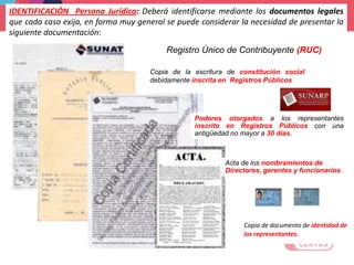 IDENTIFICACIÓN Persona Jurídica: Deberá identificarse mediante los documentos legales
que cada caso exija, en forma muy general se puede considerar la necesidad de presentar la
siguiente documentación:
Registro Único de Contribuyente (RUC)
Copia de la escritura de constitución social
debidamente inscrita en Registros Públicos
Poderes otorgados a los representantes
inscrito en Registros Públicos con una
antigüedad no mayor a 30 días.
Acta de los nombramientos de
Directores, gerentes y funcionarios.
Copia de documento de identidad de
los representantes.
 