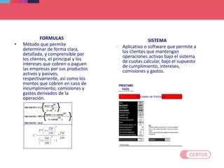 FORMULAS
• Método que permite
determinar de forma clara,
detallada, y comprensible por
los clientes, el principal y los
intereses que cobren o paguen
las empresas por sus productos
activos y pasivos,
respectivamente, así como los
montos que cobren en caso de
incumplimiento, comisiones y
gastos derivados de la
operación.
SISTEMA
 Aplicativo o software que permite a
los clientes que mantengan
operaciones activas bajo el sistema
de cuotas calcular, bajo el supuesto
de cumplimiento, intereses,
comisiones y gastos.
PRESTAMO
FACIL
Simulador de Préstamo
DEFINICIONES
 