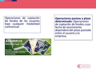 OPERACIONES PASIVAS
Operaciones de captación
de fondos de los usuarios
bajo cualquier modalidad
contractual.
Operaciones pasivas a plazo
determinado: Operaciones
de captación de fondos cuya
fecha de vencimiento
dependerá del plazo pactado
entre el usuario y la
empresa.
 