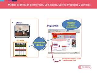 Medios de Difusión de Intereses, Comisiones, Gastos, Productos y Servicios
• Oficinas
Página Web
DIFUNDIRLA
ENTRE LOS
CLIENTES /
CONSUMIDORES
VITRINA
Información
idéntica
Enlace permanente con la sección
“Transparencia de la SBS
 