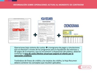 Anexo al Contrato de Tarjeta de Crédito
Hoja Resumen y Cronograma de Pagos
En cumplimiento de lo señalado por los artículos 13º y 15º de la Resolución SBS Nº
1765-2005 del 2 de diciembre de 2005, mediante la cual se aprobó el Reglamento de
transparencia de información y disposiciones aplicables a la contratación con usuarios
del sistema financiero (el “Reglamento”), cumplimos con presentar la Hoja Resumen y
Cronograma de Pagos del Contrato de Tarjeta de Crédito a ser suscrito con
___________________________, identificado con ____________________________.
INFORMACION SOBRE LAS CONDICIONES DEL CREDITO
a) Monto total de la línea de crédito (1)
b) Moneda de la línea de crédito
Dólares Americanos
c) Tasa de interés compensatoria efectiva
anual (indicar si es fija o variable y si se
aplica para un año de 360 ó de 365 días)
(2)
.......% en Nuevos Soles y .......% en
US$
Tasa anual fija a 360 días
d) Tasa de interés compensatoria efectiva
mensual ......%. en Nuevos Soles y% en US$
e) Otra información que requiera ser
conocida por el cliente (si existen tasas
de interés diferenciadas por tipo de
moneda, por tipo de producto adquirido,
etc,)
La tasa de interés compensatorio para
disposición de efectivo es de ......%
f) Monto total de intereses
compensatorios
g) Tasa de interés moratoria .......% en Nuevos Soles y .......% en
US$
h) Comisiones y gastos: (3)
1. Comisión de Afiliación
2. Comisión de Renovación
3. Comisión por expedición de
original, duplicado o adicionales
de la(s) Tarjeta(s)
4. Comisión de mantenimiento de la
Cuenta Tarjeta
5. Comisión por Portes
1.- Exonerado el primer año
2.- US$ ......... o su equivalente en
moneda nacional al tipo de cambio de
venta que EL BANCO tenga vigente a
la fecha pago.
3.-US$....... adicional, duplicado de
tarjeta o su equivalente en moneda
nacional al tipo de cambio de venta que
EL BANCO tenga vigente a la fecha
pago.
4.-S/.
5.-S/.
+
CRONOGRAMA DE PRESTAMO
Soles
10,000.00
Mensual
31/05/2010
16.00%
12
18.63% T. Intereses 828.20
* Total a recibir si es negativo
Cuota
Fecha
Pago
Saldo
inicial
Amortización Intereses
Gastos
Adm.
Total Cuoya
a Pagar
TOTALES 10,000.00 828.20 37.00 7.04 84.00 10,956.24
0 31/05/2010 10,000.00 0.00 0.00 -10,000.00
1 30/06/2010 10,000.00 775.00 124.45 5.56 1.06 7.00 913.07
2 30/07/2010 9,225.00 785.16 114.81 5.13 0.97 7.00 913.07
3 29/08/2010 8,439.84 795.46 105.03 4.69 0.89 7.00 913.07
4 28/09/2010 7,644.38 805.87 95.14 4.25 0.81 7.00 913.07
5 28/10/2010 6,838.51 816.45 85.10 3.80 0.72 7.00 913.07
6 27/11/2010 6,022.06 827.13 74.95 3.35 0.64 7.00 913.07
7 27/12/2010 5,194.93 837.98 64.65 2.89 0.55 7.00 913.07
8 26/01/2011 4,356.95 848.97 54.22 2.42 0.46 7.00 913.07
9 25/02/2011 3,507.98 860.09 43.66 1.95 0.37 7.00 913.07
10 27/03/2011 2,647.89 871.37 32.95 1.47 0.28 7.00 913.07
11 26/04/2011 1,776.52 882.78 22.11 0.99 0.19 7.00 913.07
12 26/05/2011 893.74 893.74 11.13 0.50 0.10 7.00 912.47
Moneda
Monto solicitado (K)
Tipo de Periodicidad
Plazo (n)
Fecha de desembolso
Tasa Interés Efectiva anual-TIEA
Tasa de Costo Efectivo Anual
Desgravamen
Poliza IGV
+
 Operaciones bajo sistema de cuotas  cronograma de pagos y simulaciones
que se efectúen a través de los programas para la liquidación de intereses y
de pagos de la empresa, que se encuentren a disposición del público, deberán
contener la tasa de costo efectivo anual que pagaría el cliente por la
operación crediticia,
 Tratándose de líneas de crédito y las tarjetas de crédito, la Hoja Resumen
deberá contener los conceptos que resulten aplicables.
INFORMACIÓN SOBRE OPERACIONES ACTIVAS AL MOMENTO DE CONTRATAR
 