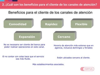 Beneficios para el cliente de los canales de atención
Están ubicados cercano al cliente.
Cercano
Horario de atención más extenso que en
agencia, inclusive domingos y feriados
Comodidad
Más establecimientos asociados.
Expansión
El no contar con colas hace que el servicio
sea más fluido.
Rapidez
No es necesario ser cliente del banco para
poder realizar operaciones en este canal.
Flexible
2. ¿Cuál son los beneficios para el cliente de los canales de atención?
 