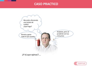 Me están ofreciendo
una tarjeta de
crédito.
¿Qué hago?
Tómala y gasta
todo lo que puedas
Acéptala, pero sé
prudente con tus
consumos
¿Y tú que opinas?....
CASO PRACTICO
 
