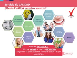 Clientes SATISFECHOS
Al crear VALOR se siembra FIDELIDAD.
Mejora en la productividad, menores costos, mayor
recurrencia.
Servicio de CALIDAD
¿Quién EVALUA nuestro servicio?
SERVICIO
EFECTIVO
PRECIO JUSTO
SEGURIDAD Y
CONFIABILIDAD
SERVICIO
OPORTUNO
CALIDAD DEL
PRODUCTO O
SERVICIO
MEJORA
CONTINUA
SERVICOI
POST-VENTA IMAGEN
 