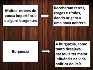 Muitos nobres de
pouca importância
e alguns burgueses
Burguesia
Receberam terras,
cargos e títulos,
dando origem a
uma nova nobreza.
A burguesia, como
tanto desejava,
passou a ter maior
influência na vida
política do País.
 