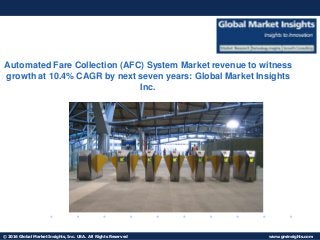 © 2016 Global Market Insights, Inc. USA. All Rights Reserved www.gminsights.com
Fuel Cell Market size worth $25.5bn by 2024
Automated Fare Collection (AFC) System Market revenue to witness
growth at 10.4% CAGR by next seven years: Global Market Insights
Inc.
 