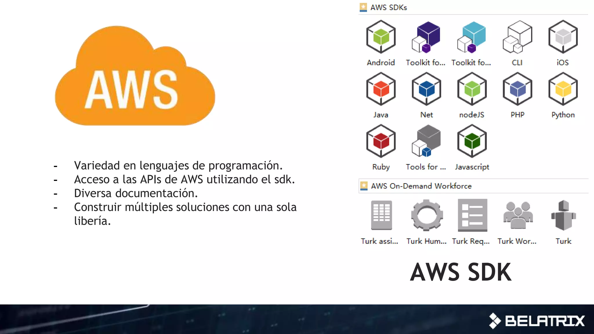 AWS SDK
- Variedad en lenguajes de programación.
- Acceso a las APIs de AWS utilizando el sdk.
- Diversa documentación.
- Construir múltiples soluciones con una sola
libería.
 