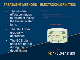 TREATMENT METHODS – ELECTROCHLORINATION
• The residual
effect continues
to disinfect inside
the ballast water
tank.
• The TRO ppm
gradually
decreases.
• The ECS plant
need not be run
during the
deballasting
 