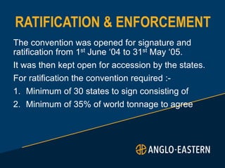 RATIFICATION & ENFORCEMENT
The convention was opened for signature and
ratification from 1st June ‘04 to 31st May ‘05.
It was then kept open for accession by the states.
For ratification the convention required :-
1. Minimum of 30 states to sign consisting of
2. Minimum of 35% of world tonnage to agree
 