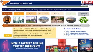 3
Overview of Indian Oil
A diversified integrated energy major with strong footprint in the entire hydrocarbon value chain
One of Asia’s largest Oil & Gas R&D with focus on Lubricant Development,
Refining Technology, Fuel & Biofuel Technology, Petrochemicals, among
others.
Alternate energy programs - Bio, solar, Hydrogen energy, CNG, Green
Hydrogen, Hydrogen fuel cells, battery technologies
Focus on Nanotechnology
R&D
Exploration Refining Pipeline Petrochemicals Marketing Gas Alternative
Energy
Accounts for nearly half of India’s petroleum product market share. Ranks 116 on Fortune’s 'Global 500'
Contribution to the Nation
• 32 % - National Refining Capacity
• 71 % - Downstream Pipeline Network
• Largest Marketing Infrastructure in India
 