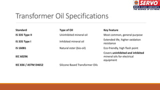 Transformer Oil Specifications
Standard Type of Oil Key Feature
IS 335 Type II Uninhibited mineral oil Most common, general purpose
IS 335 Type I Inhibited mineral oil
Extended life, higher oxidation
resistance
IS 16081 Natural ester (bio-oil) Eco-friendly, high flash point
IEC 60296
Covers uninhibited and inhibited
mineral oils for electrical
equipment
IEC 836 / ASTM D4652 Silicone Based Transformer Oils
 