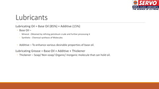 Lubricants
Lubricating Oil = Base Oil (85%) + Additive (15%)
◦ Base Oil –
◦ Mineral - Obtained by refining petroleum crude and further processing it
◦ Synthetic - Chemical synthesis of Molecules
◦ Additive – To enhance various desirable properties of base oil.
Lubricating Grease = Base Oil + Additive + Thickener
◦ Thickener – Soap/ Non-soap/ Organic/ Inorganic molecule that can hold oil.
 