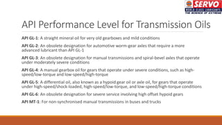 API Performance Level for Transmission Oils
API GL-1: A straight mineral oil for very old gearboxes and mild conditions
API GL-2: An obsolete designation for automotive worm-gear axles that require a more
advanced lubricant than API GL-1
API GL-3: An obsolete designation for manual transmissions and spiral-bevel axles that operate
under moderately severe conditions
API GL-4: A manual gearbox oil for gears that operate under severe conditions, such as high-
speed/low-torque and low-speed/high-torque
API GL-5: A differential oil, also known as a hypoid gear oil or axle oil, for gears that operate
under high-speed/shock-loaded, high-speed/low-torque, and low-speed/high-torque conditions
API GL-6: An obsolete designation for severe service involving high offset hypoid gears
API MT-1: For non-synchronised manual transmissions in buses and trucks
 