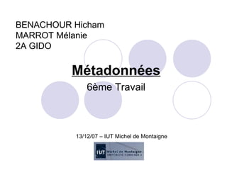 BENACHOUR Hicham MARROT Mélanie 2A GIDO Métadonnées 6ème Travail 13/12/07 – IUT Michel de Montaigne 