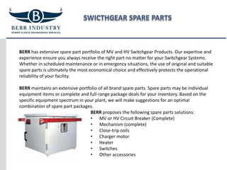 BERR has extensive spare part portfolio of MV and HV Switchgear Products. Our expertise and
experience ensure you always receive the right part no matter for your Switchgear Systems.
Whether in scheduled maintenance or in emergency situations, the use of original and suitable
spare parts is ultimately the most economical choice and effectively protects the operational
reliability of your facility.
BERR maintains an extensive portfolio of all brand spare parts. Spare parts may be individual
equipment items or complete and full-range package deals for your inventory. Based on the
specific equipment spectrum in your plant, we will make suggestions for an optimal
combination of spare part packages.
BERR proposes the following spare parts solutions:
• MV or HV Circuit Breaker (Complete)
• Mechanism (complete)
• Close-trip coils
• Charger motor
• Heater
• Switches
• Other accessories
 