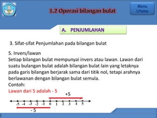 3. Sifat-sifat Penjumlahan pada bilangan bulat
5. Invers/lawan
Setiap bilangan bulat mempunyai invers atau lawan. Lawan dari
suatu bulangan bulat adalah bilangan bulat lain yang letaknya
pada garis bilangan berjarak sama dari titik nol, tetapi arahnya
berlawanan dengan bilangan bulat semula.
Contoh:
Lawan dari 5 adalah - 5
+5
- 5
Menu
Utama
 