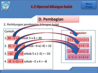 2. Perhitungan pembagian bilangan bulat
Contoh:
1. 30 : 5 = 6 sebab 5 x 6 = 30
2. 16 : (–4) = –4 sebab –4 x(–4) = 16
3. –10 : 5 = –2 sebab 5 x (–2) = –10
4. –8 : (–2) = 4 sebab –2 x 4 = –8
Kesimpulan:
( + ) : ( + ) = ( + )
( + ) : ( - ) = ( - )
( - ) : ( + ) = ( - )
( - ) : ( - ) = ( + )
D. Pembagian
Menu
Utama
 
