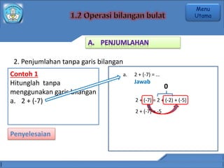 2. Penjumlahan tanpa garis bilangan
Contoh 1
Hitunglah tanpa
menggunakan garis bilangan
a. 2 + (-7)
Penyelesaian
a. 2 + (-7) = …
Jawab
2 + (-7) = 2 + (-2) + (-5)
0
2 + (-7) = -5
Menu
Utama
 