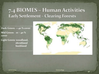 29/07/2014 Geoecology
18
Dark Green: > 40 % cover
Mid Green: 10 – 40 %
cover
Light Green: woodland,
shrubland
bushland
 